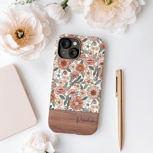 Custom floral phone case for iphone 16, 15, 14, 13 Pro Max, MAGSAFE Iphone case floral, vintage botanical personalized phone case orange