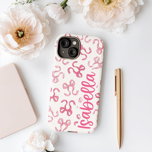 Custom Pink Bow phone case iphone 16, 15, 14, 13 Pro Max, MAGSAFE tough Iphone case coquette, preppy personalized phone case trendy girly