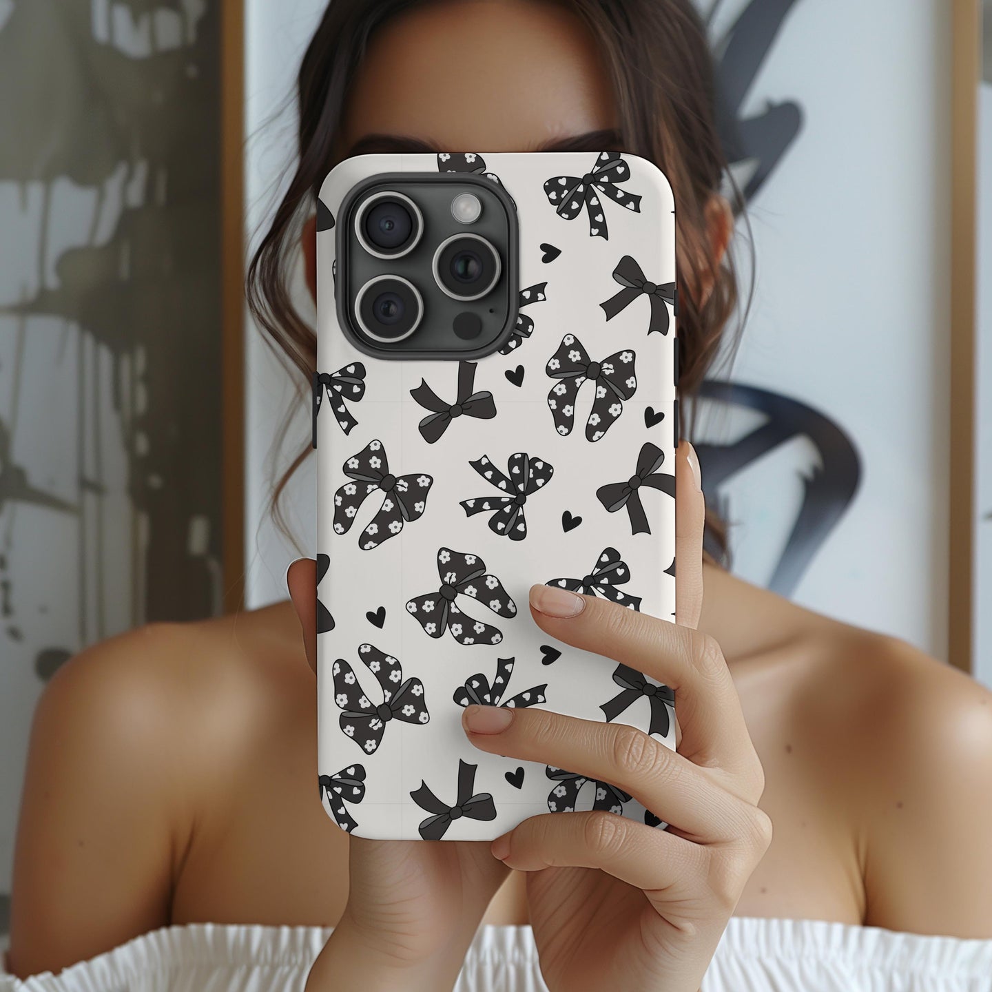 Custom black bow phone case iphone 16, 15, 14, 13 Pro Max, MAGSAFE Iphone case coquette, TOUGH Vintage black cream personalized phone case