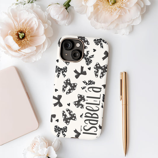 Custom black bow phone case iphone 16, 15, 14, 13 Pro Max, MAGSAFE Iphone case coquette, TOUGH Vintage black cream personalized phone case