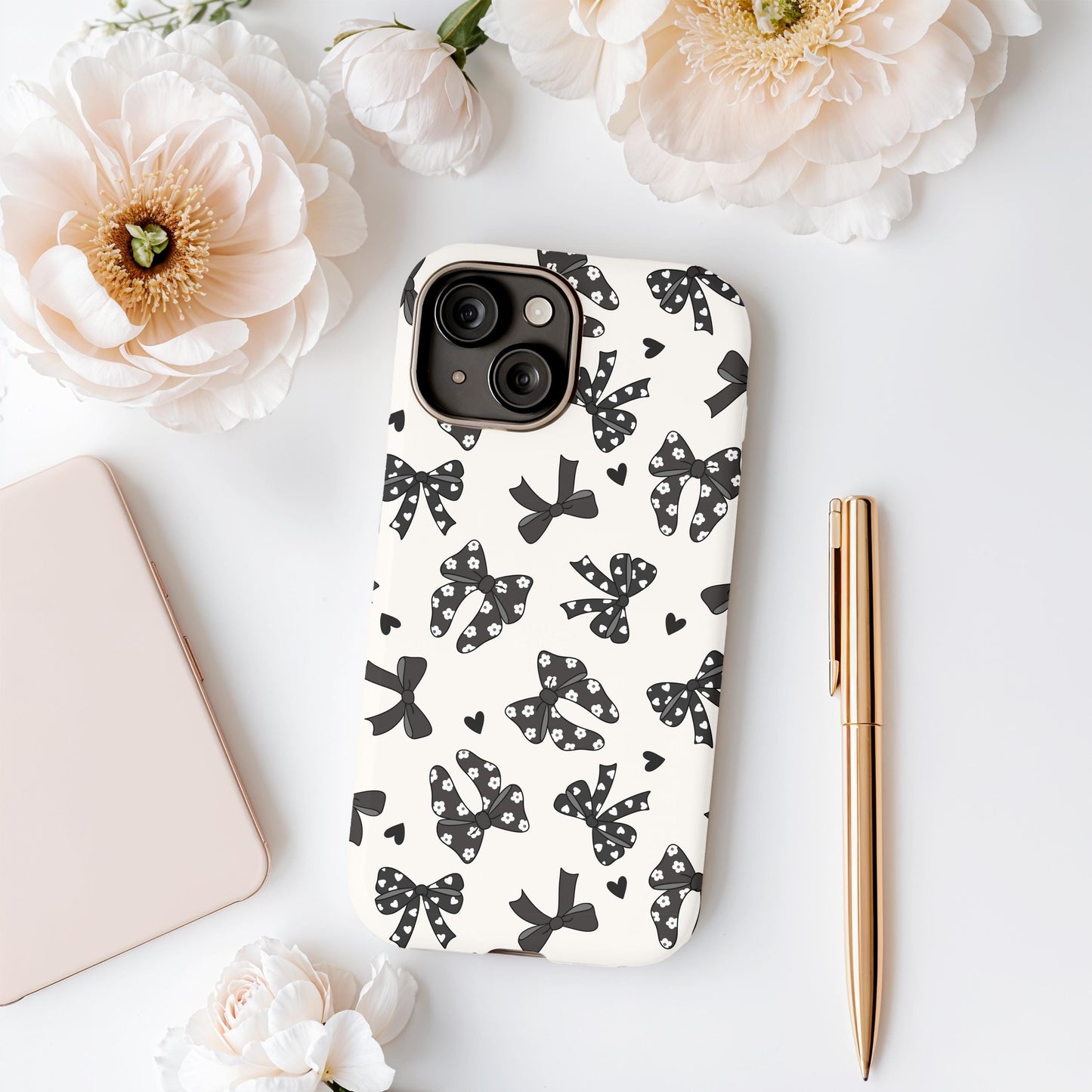 Custom black bow phone case iphone 16, 15, 14, 13 Pro Max, MAGSAFE Iphone case coquette, TOUGH Vintage black cream personalized phone case