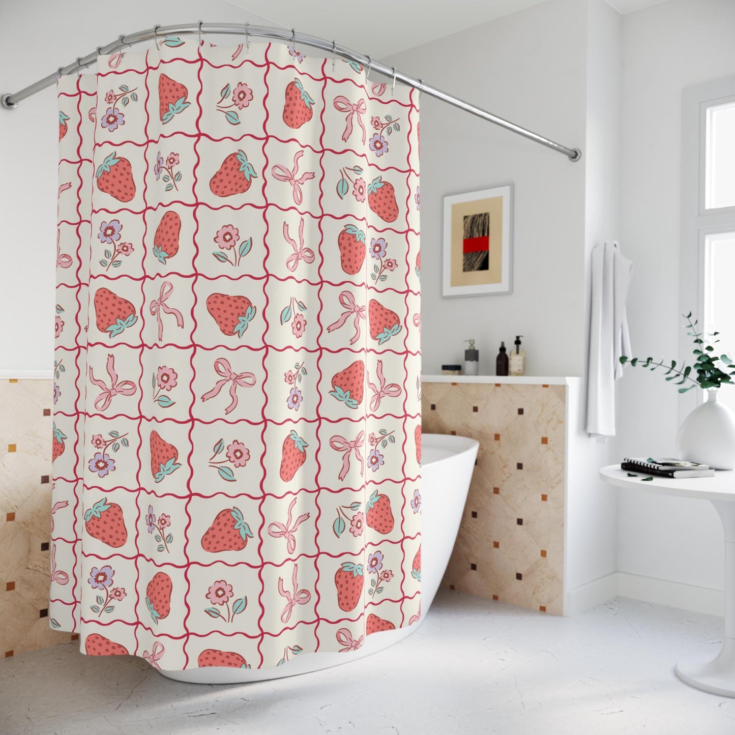 Strawberry Bow Shower Curtain Coquette decor, custom trendy coquette bathroom decor, preppy shower curtain, aesthetic bathroom personalized