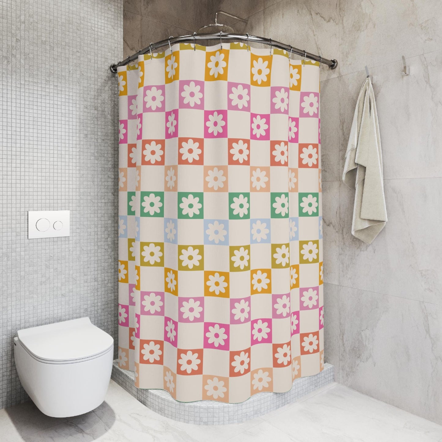 Checkered Retro Shower Curtain, preppy girl bathroom decor trendy, personalized custom shower curtain, aesthetic bathroom decor curtain