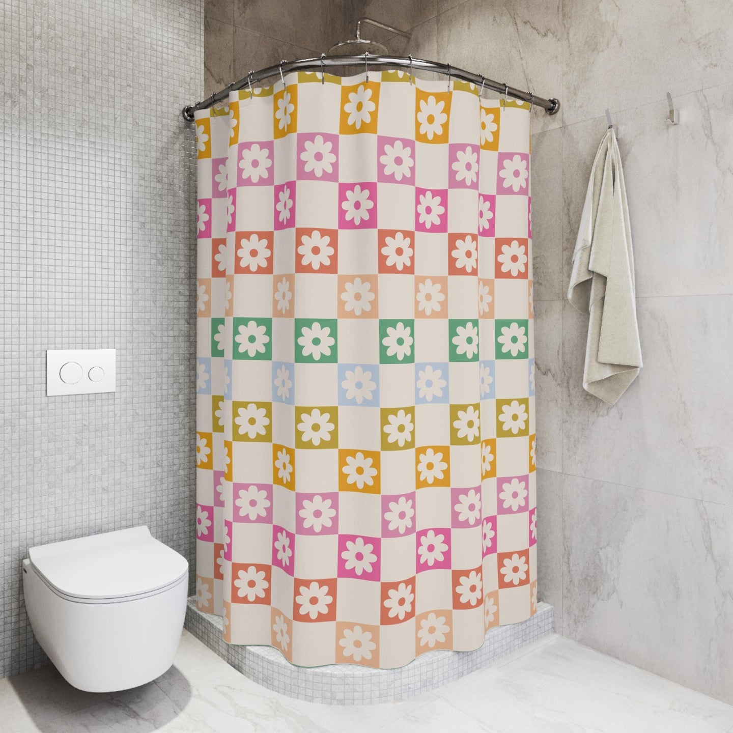 Checkered Retro Shower Curtain, preppy girl bathroom decor trendy, personalized custom shower curtain, aesthetic bathroom decor curtain