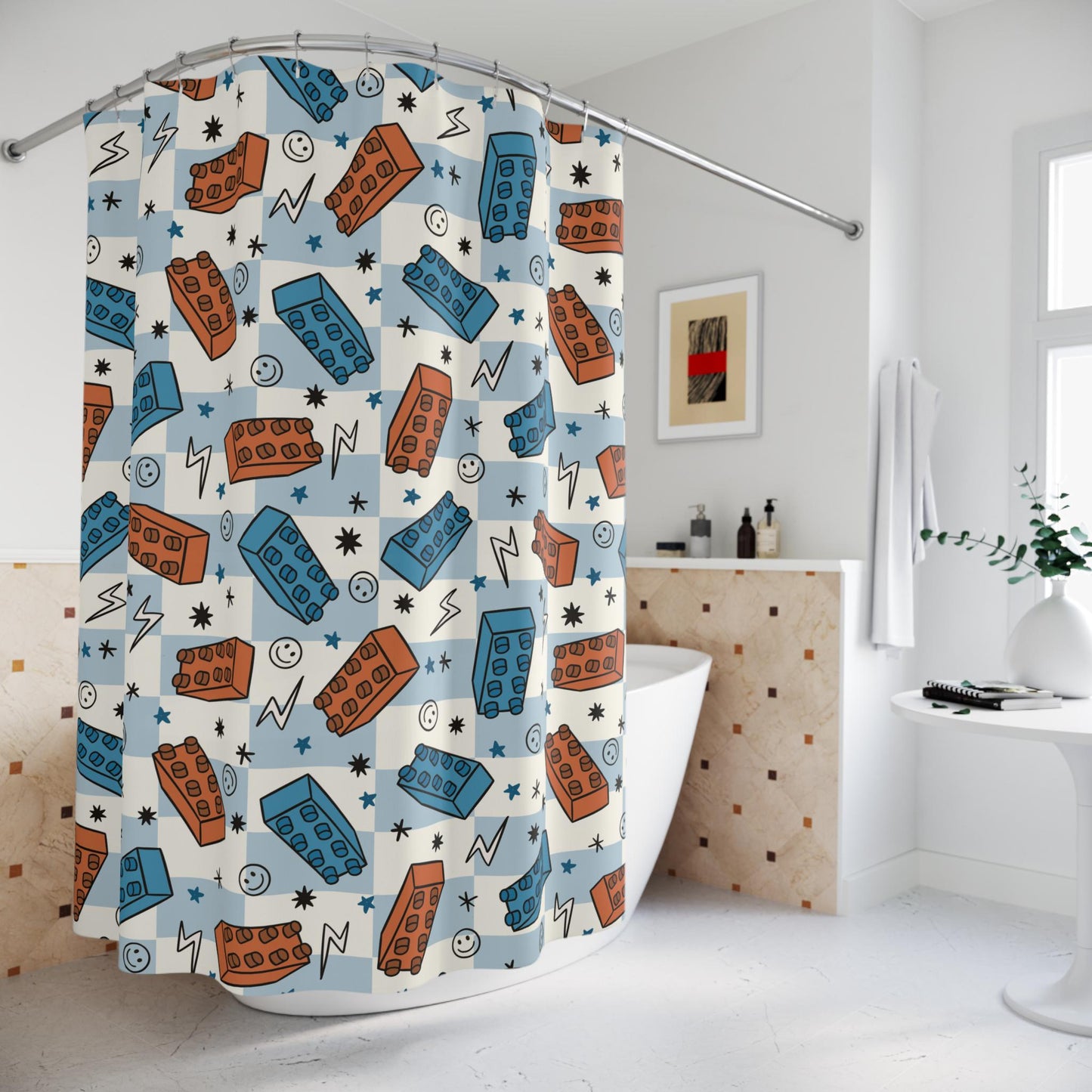 Boys Shower Curtain Blocks, Personalized boys bathroom shower kids curtain checkered, custom shower curtain, kids bathroom decor boys gift