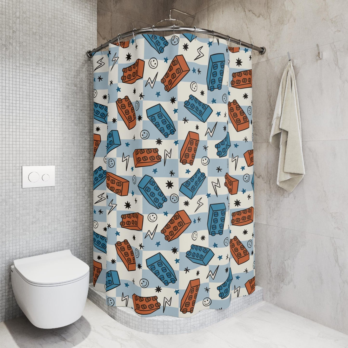 Boys Shower Curtain Blocks, Personalized boys bathroom shower kids curtain checkered, custom shower curtain, kids bathroom decor boys gift