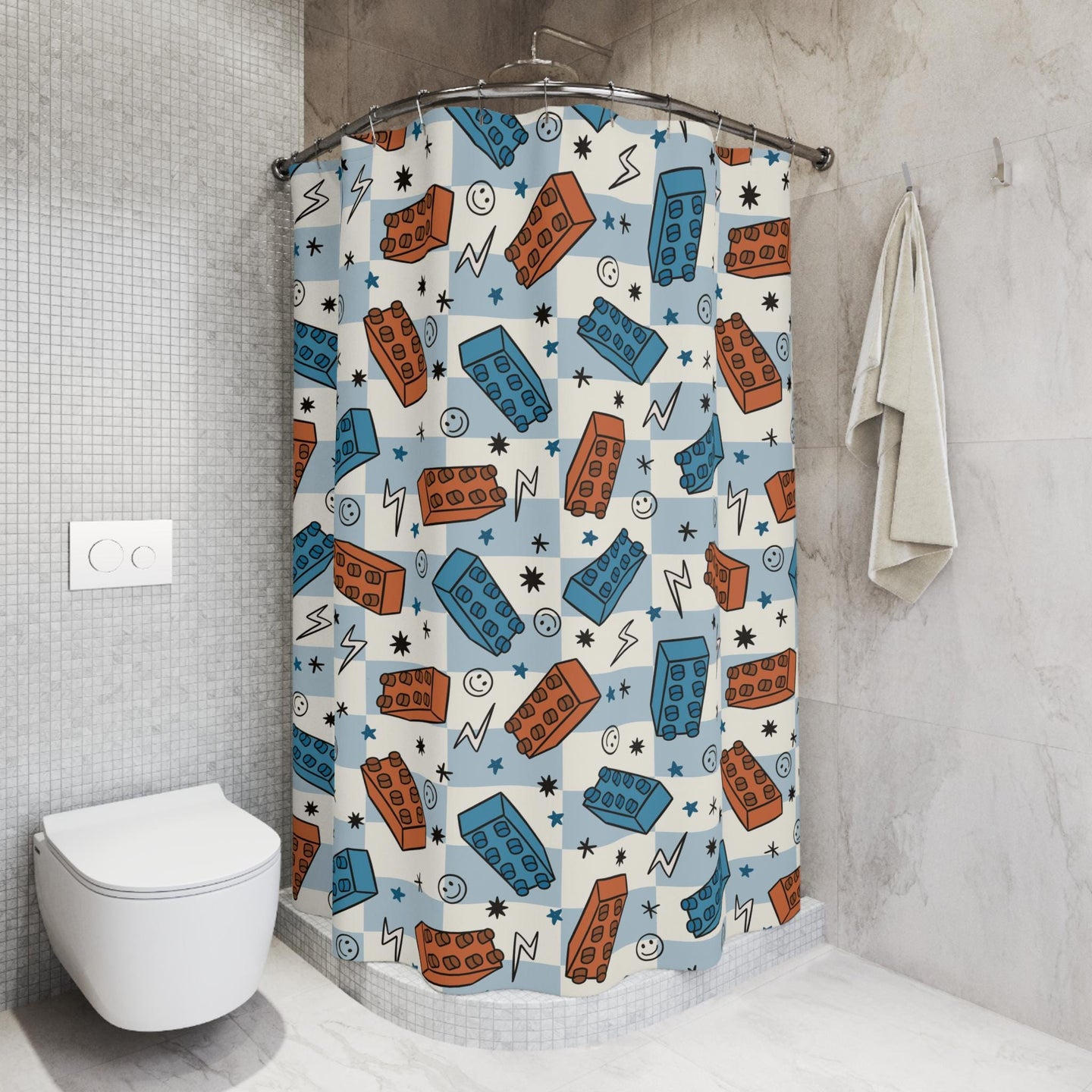 Boys Shower Curtain Blocks, Personalized boys bathroom shower kids curtain checkered, custom shower curtain, kids bathroom decor boys gift