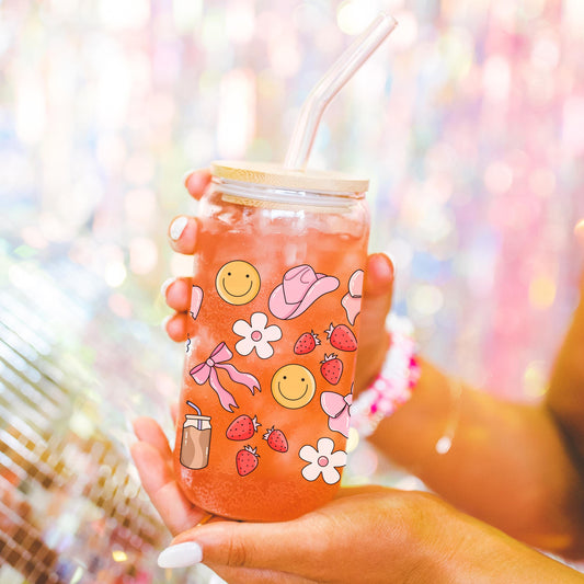 Girly coquette cowgirl glass cup with bamboo lid glass straw, Cute Cup Beer Can Iced Coffee Glass Cup Cute funny Glass Cup gift for her