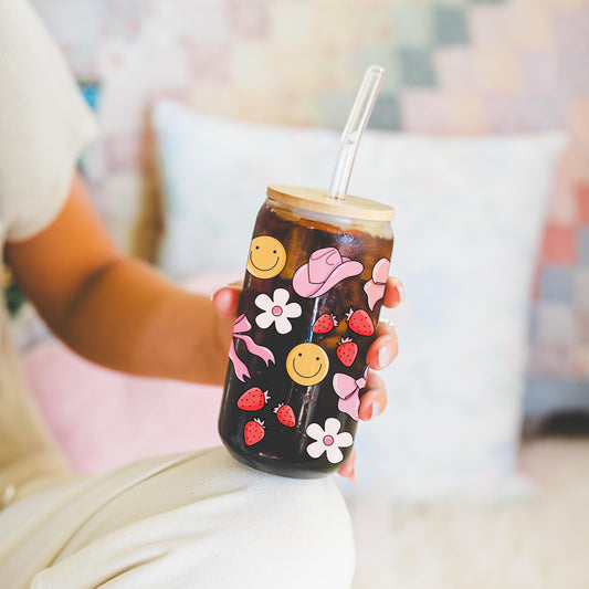 Girly coquette cowgirl glass cup with bamboo lid glass straw, Cute Cup Beer Can Iced Coffee Glass Cup Cute funny Glass Cup gift for her