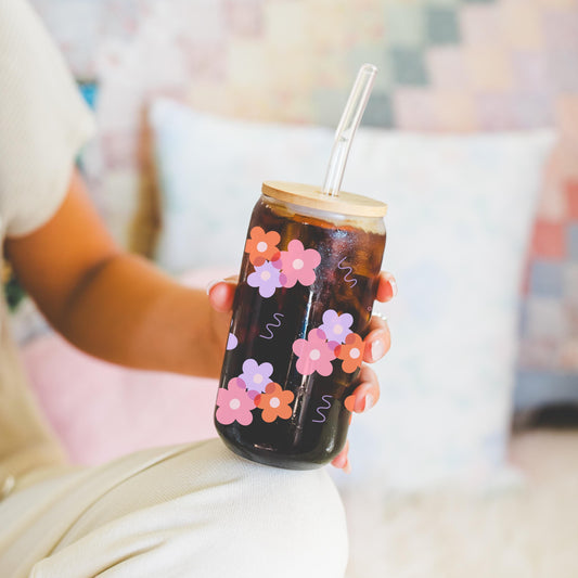 Girly Floral glass cup with bamboo lid glass straw, Cute Cup Beer Can Iced Coffee Glass Cup Cute funny Glass Cup gift for her