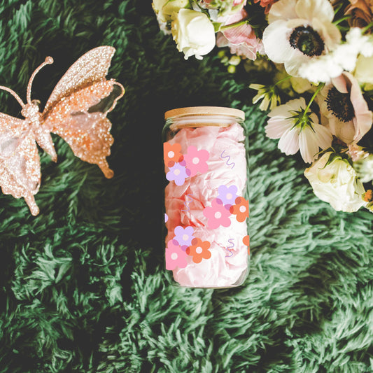 Girly Floral glass cup with bamboo lid glass straw, Cute Cup Beer Can Iced Coffee Glass Cup Cute funny Glass Cup gift for her