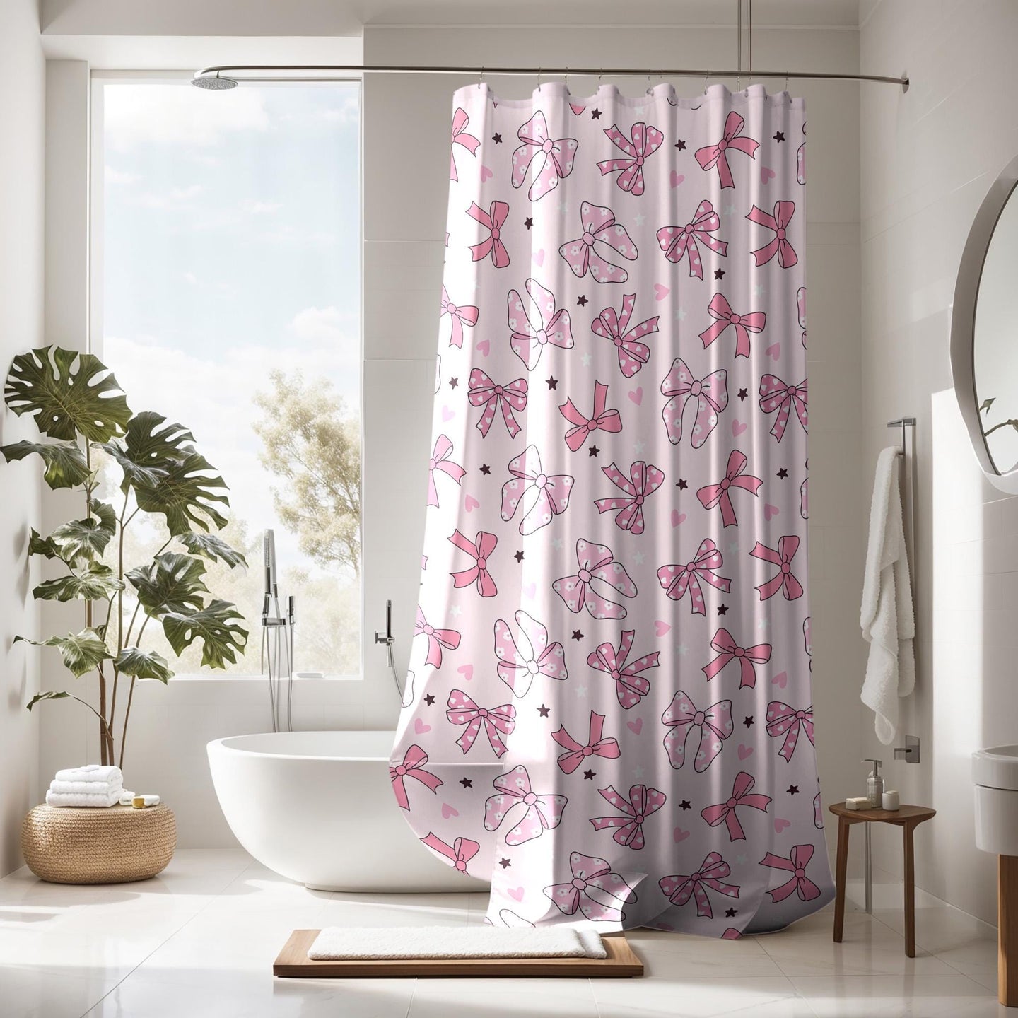 Pink Bow Shower Curtain Coquette decor, custom trendy coquette bathroom decor, preppy shower curtain, aesthetic bathroom decor personalized