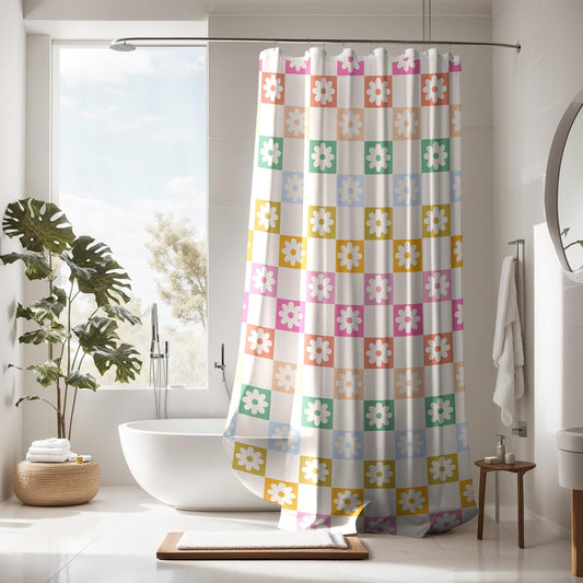 Checkered Retro Shower Curtain, preppy girl bathroom decor trendy, personalized custom shower curtain, aesthetic bathroom decor curtain