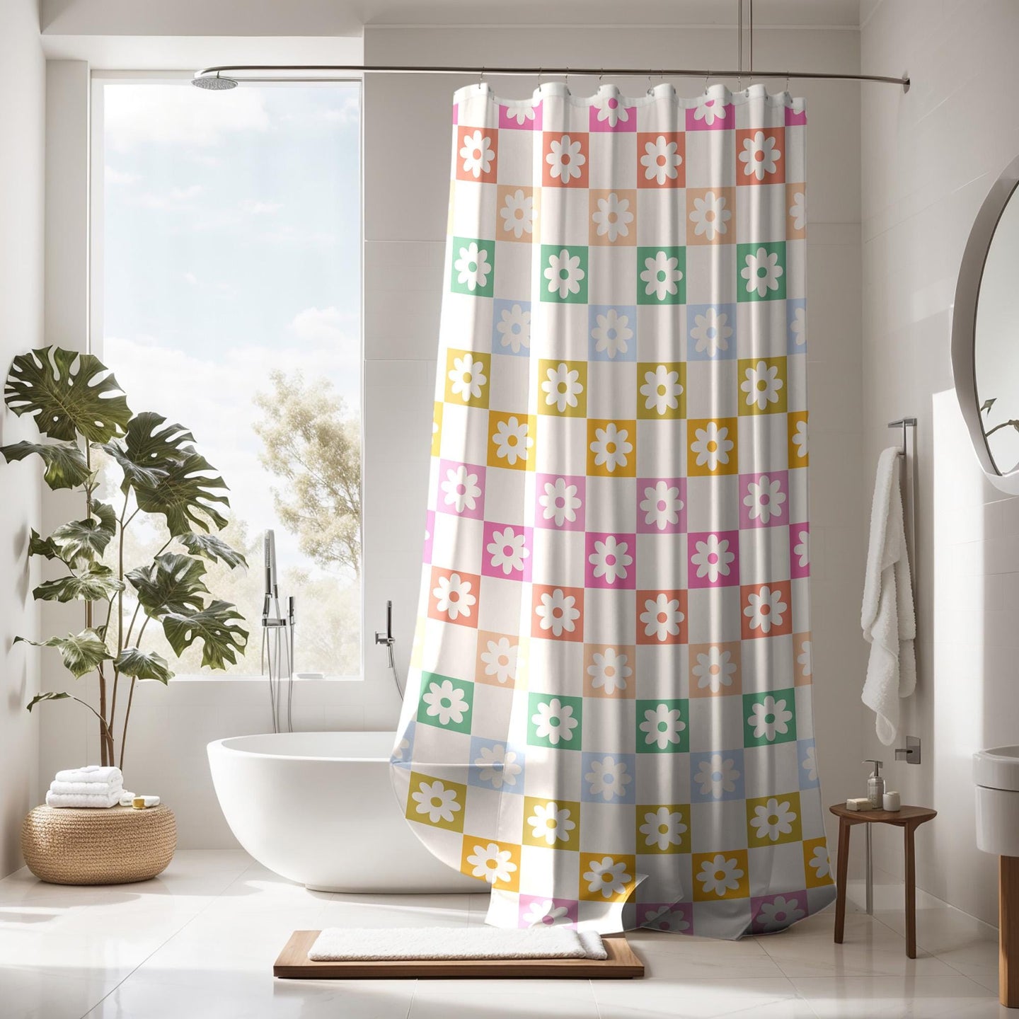 Checkered Retro Shower Curtain, preppy girl bathroom decor trendy, personalized custom shower curtain, aesthetic bathroom decor curtain
