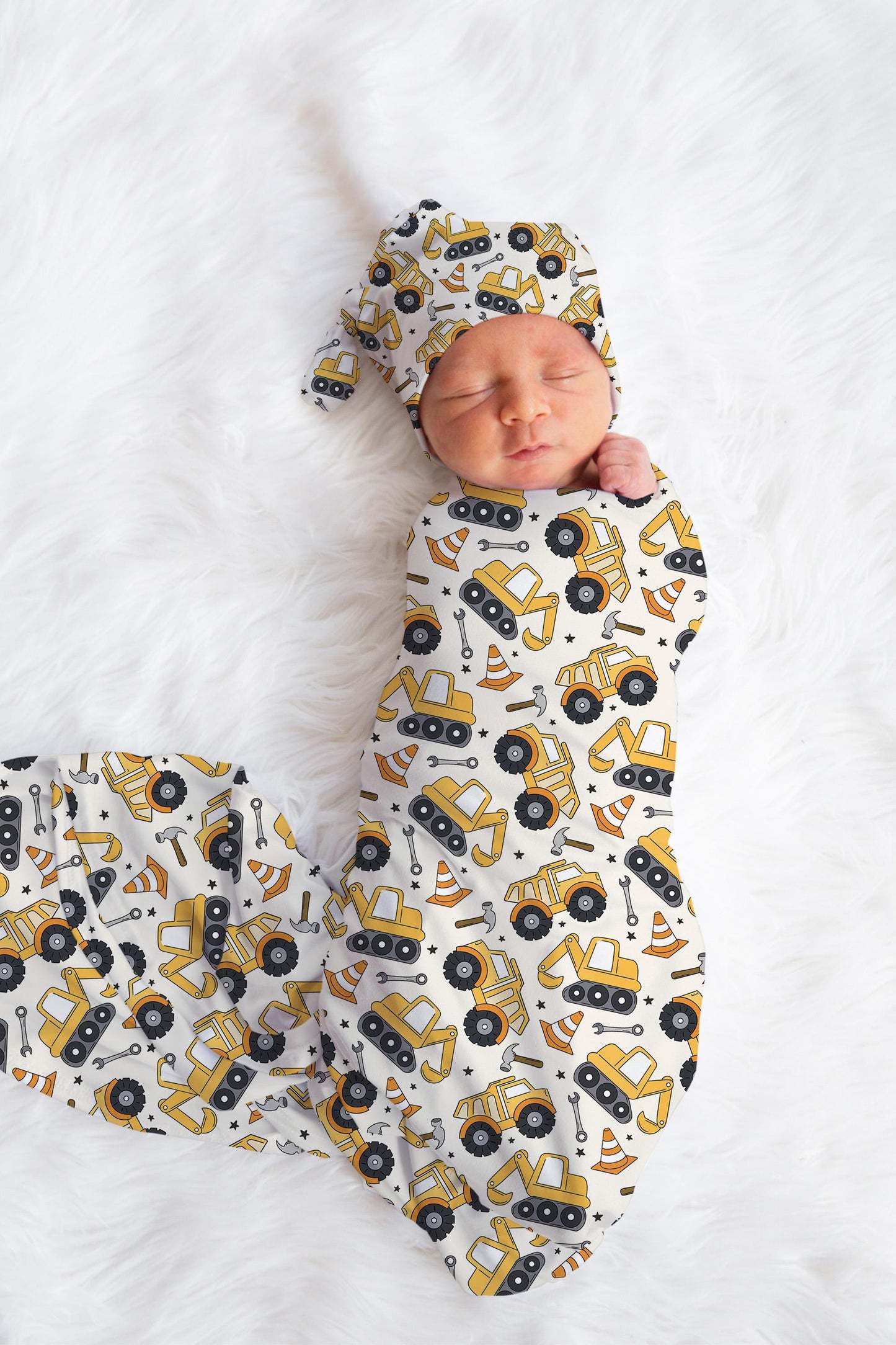 Construction Truck Baby Boy Swaddle Blanket Hat Set personalized swaddle, hospital reveal outfit baby boy baby shower gift receiving blanket