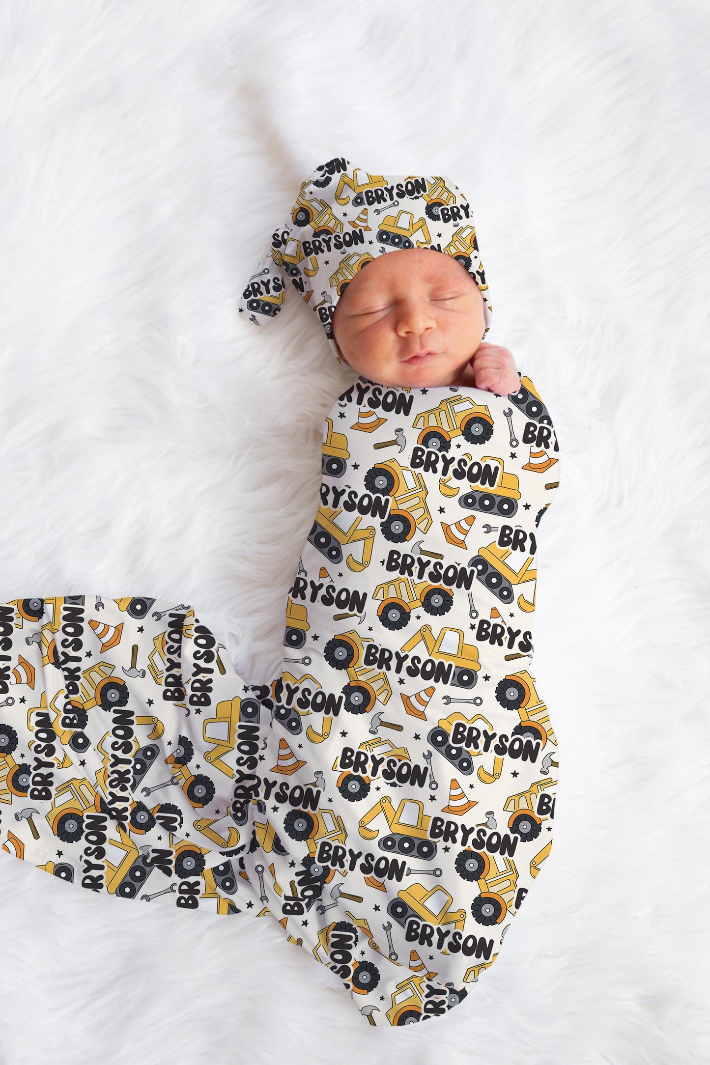 Construction Truck Baby Boy Swaddle Blanket Hat Set personalized swaddle, hospital reveal outfit baby boy baby shower gift receiving blanket