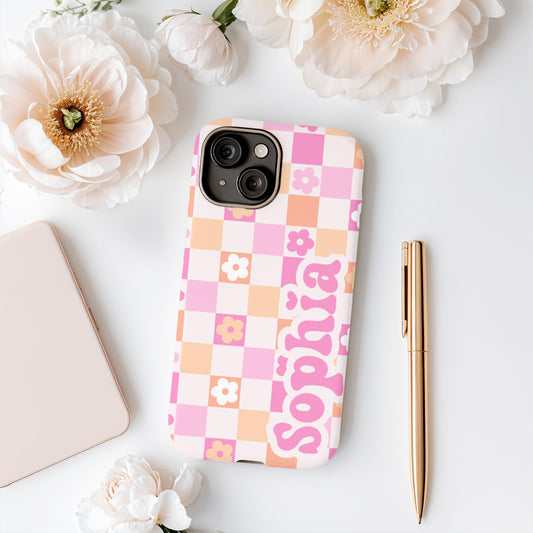 Custom Retro Checkered iphone case 16, 15, 14, 13 Pro Max, MAGSAFE Iphone case floral, vintage pink personalized phone case
