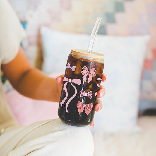 Girly coquette bow glass cup with bamboo lid glass straw, Cute Cup Beer Can Iced Coffee Glass Cup Cute preppy Glass Cup gift for her