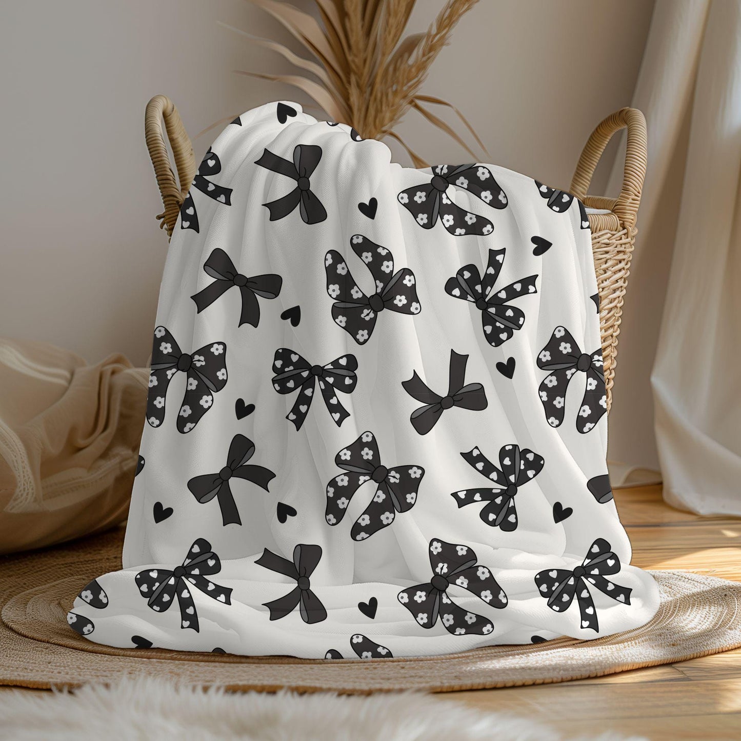 Personalized coquette black bow Blanket, coquette room decor, preppy stuff room decor, trendy bow baby blanket, bow decor