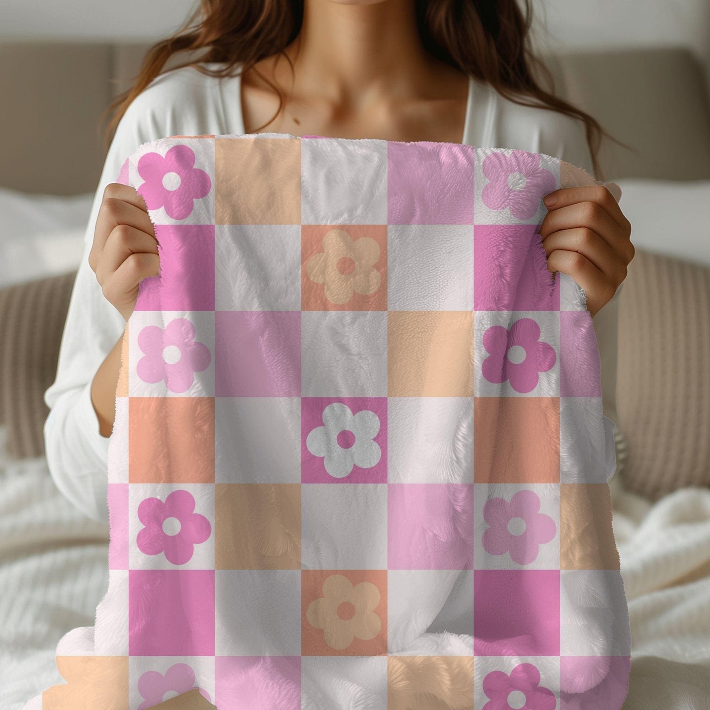 Checkered floral personalized pink blanket, Custom name blanket gift, Birthday Anniversary Gift for her, floral baby blanket