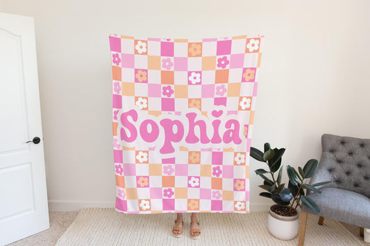 Checkered floral personalized pink blanket, Custom name blanket gift, Birthday Anniversary Gift for her, floral baby blanket
