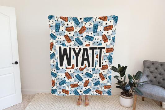 Personalized blanket for boys, blocks blanket, checkered throw, birthday gift for him, custom name baby blanket, baby shower gift