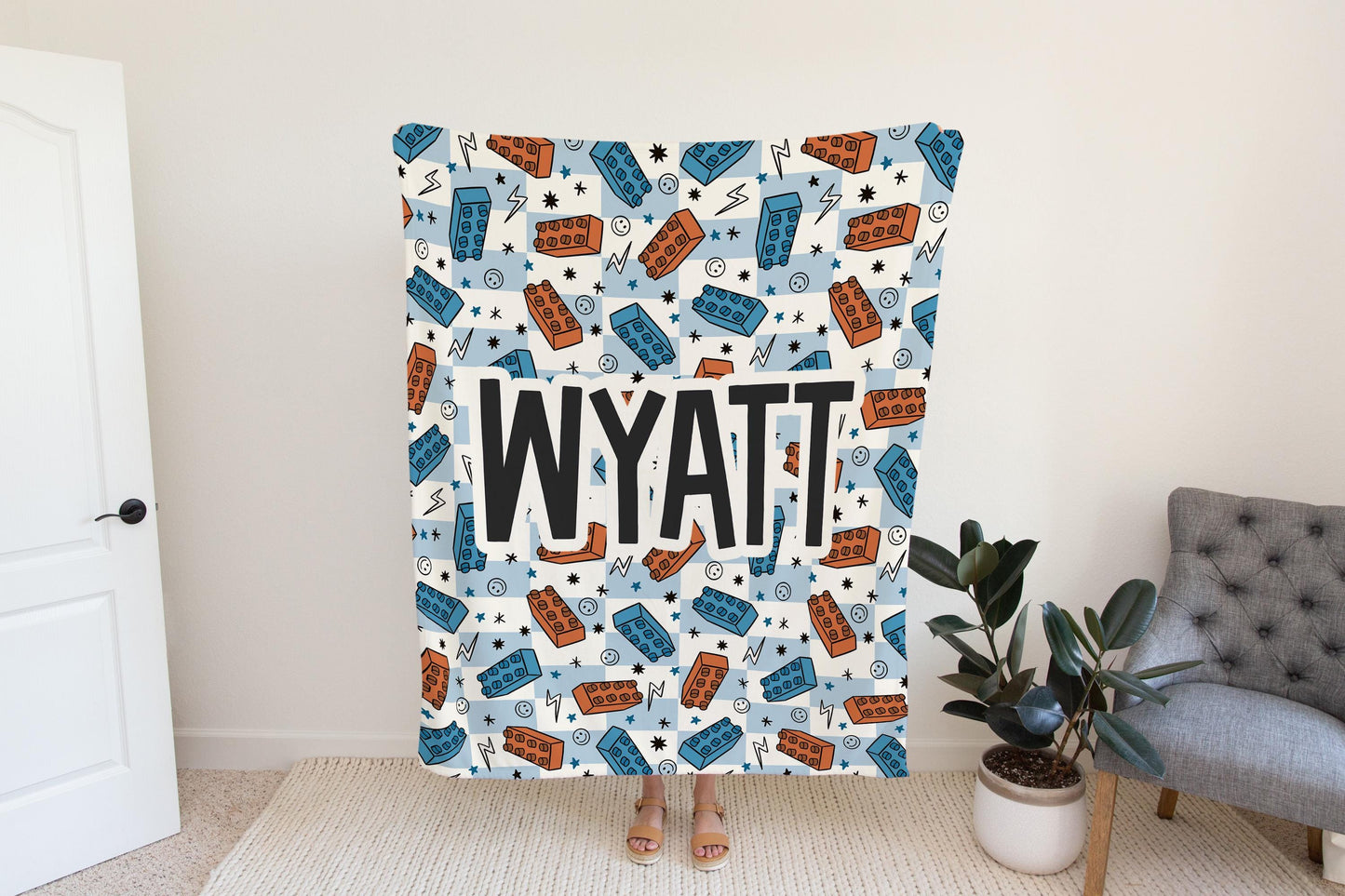 Personalized blanket for boys, blocks blanket, checkered throw, birthday gift for him, custom name baby blanket, baby shower gift