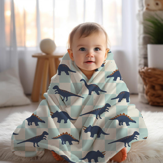 Dinosaur blanket for boys, personalized blanket, checkered throw, birthday gift for him, custom name baby blanket, baby shower gift