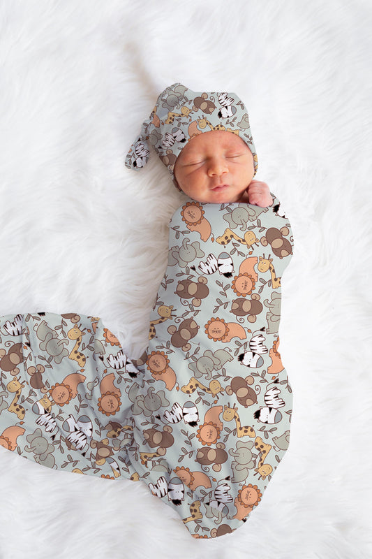 Sarafi Baby Boy Swaddle Blanket Hat Set, personalized swaddle, animal hospital reveal outfit unisex baby shower gift receiving blanket