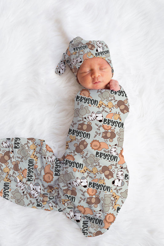 Personalized Baby Boy Swaddle Blanket Hat Set, safari swaddle, animal hospital reveal outfit unisex baby shower gift receiving blanket