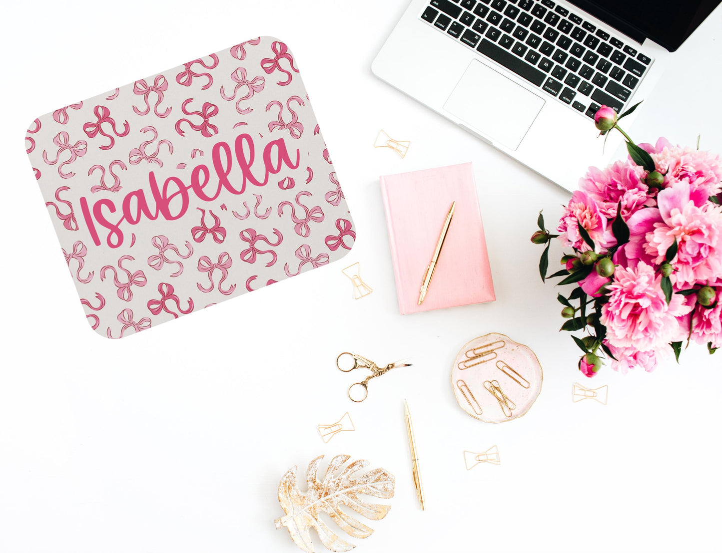 Custom Pink Bows Mouse Pad, Personalized Rectangle Desk Mat, Office Accessories, Custom Name, Design, Cute Desk Decor, best friend gift idea