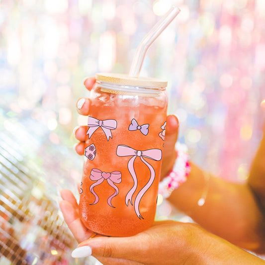 Girly coquette bow glass cup with bamboo lid glass straw, Cute Cup Beer Can Iced Coffee Glass Cup Cute preppy Glass Cup gift for her