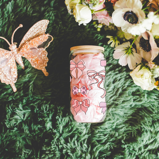 Girly coquette bow glass cup with bamboo lid glass straw, Cute Cup Beer Can Iced Coffee Glass Cup Cute preppy Glass Cup gift for her