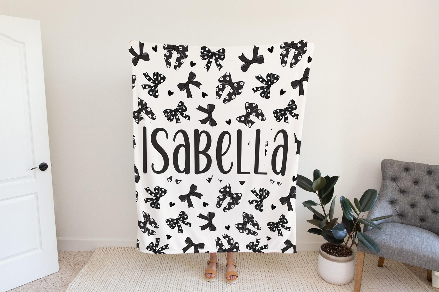 Personalized coquette black bow Blanket, coquette room decor, preppy stuff room decor, trendy bow baby blanket, bow decor