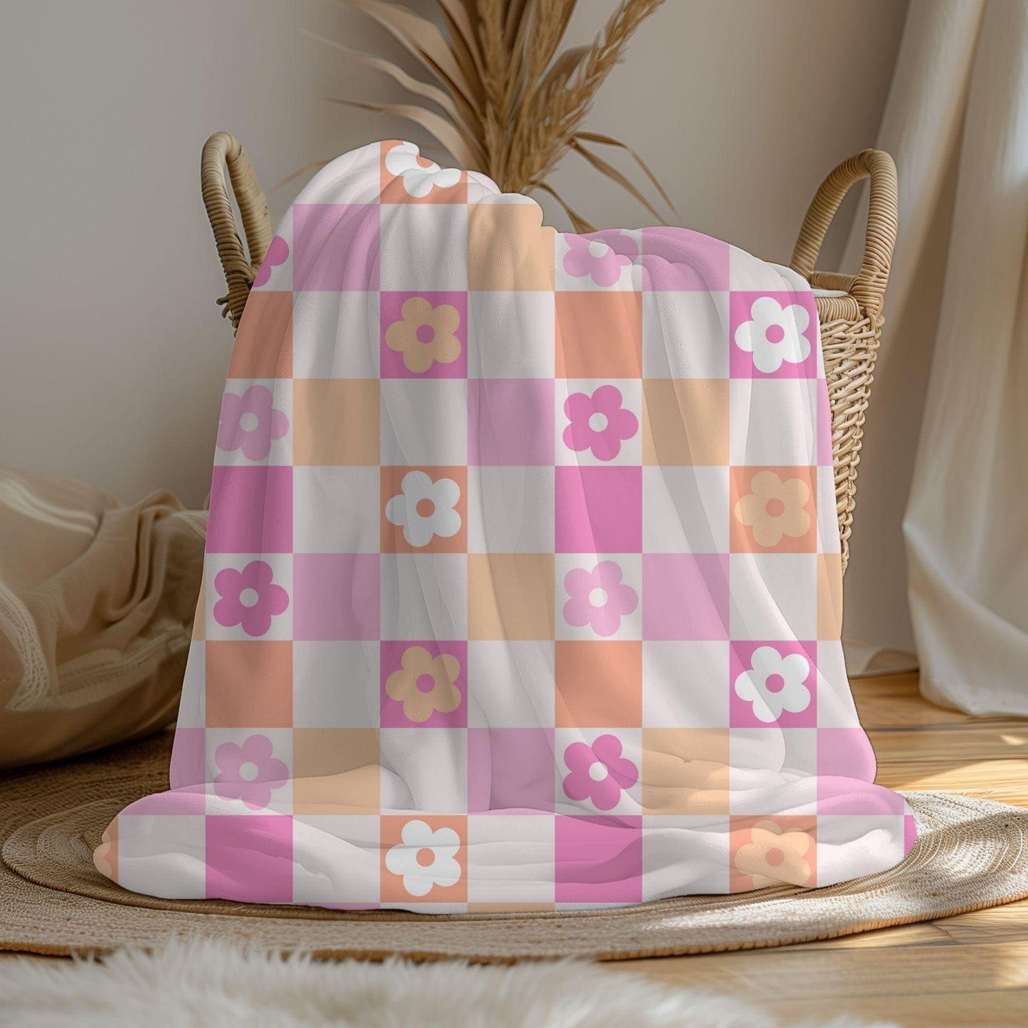 Checkered floral personalized pink blanket, Custom name blanket gift, Birthday Anniversary Gift for her, floral baby blanket