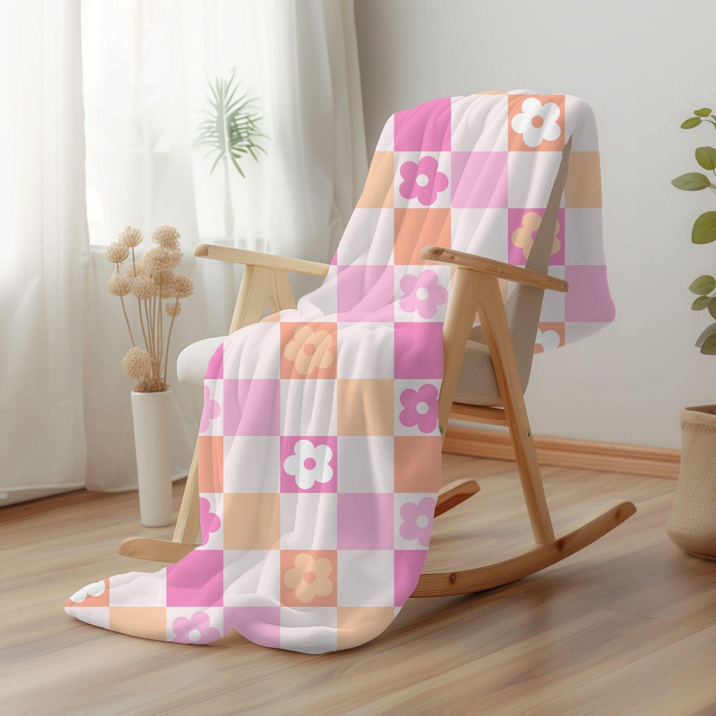 Checkered floral personalized pink blanket, Custom name blanket gift, Birthday Anniversary Gift for her, floral baby blanket