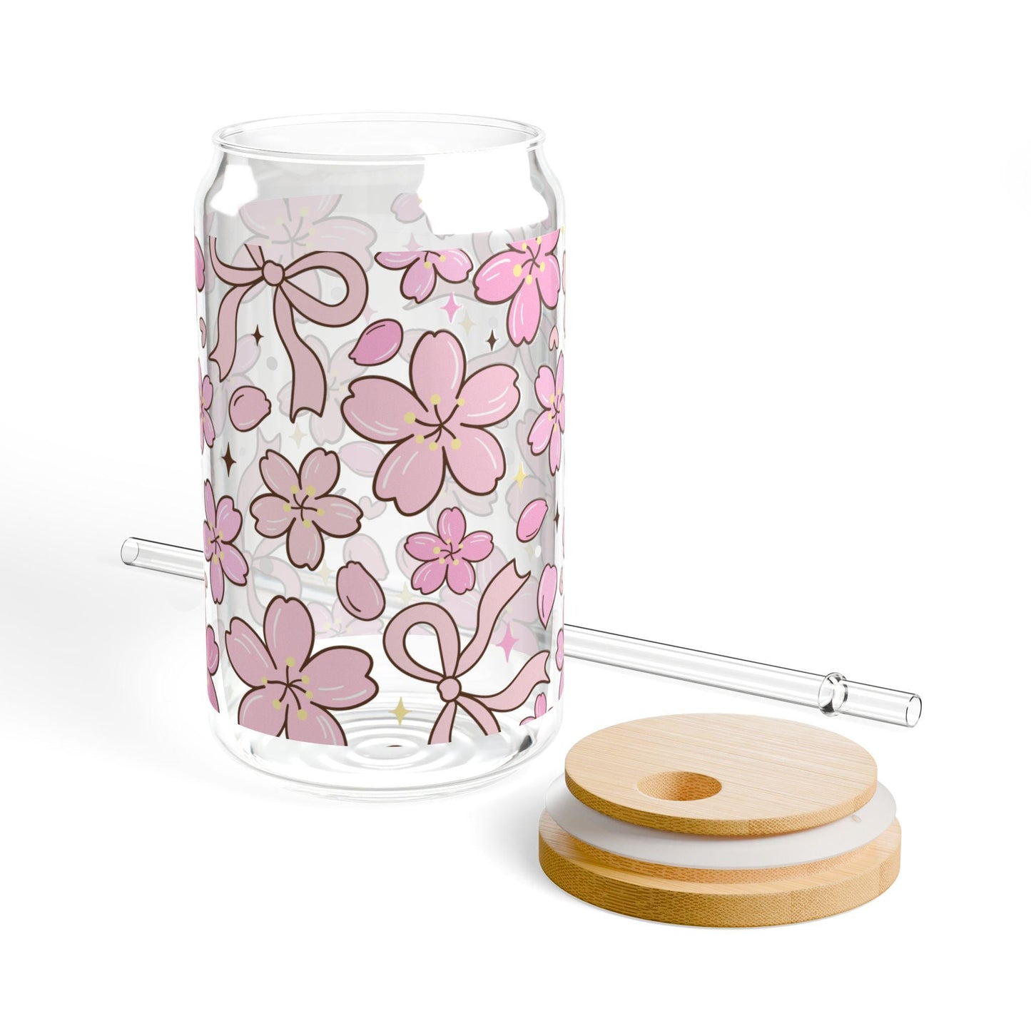 Coquette Bow Glass Cup with bamboo lid glass straw