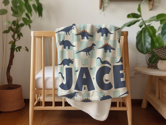 Dinosaur blanket for boys, personalized blanket, checkered throw, birthday gift for him, custom name baby blanket, baby shower gift