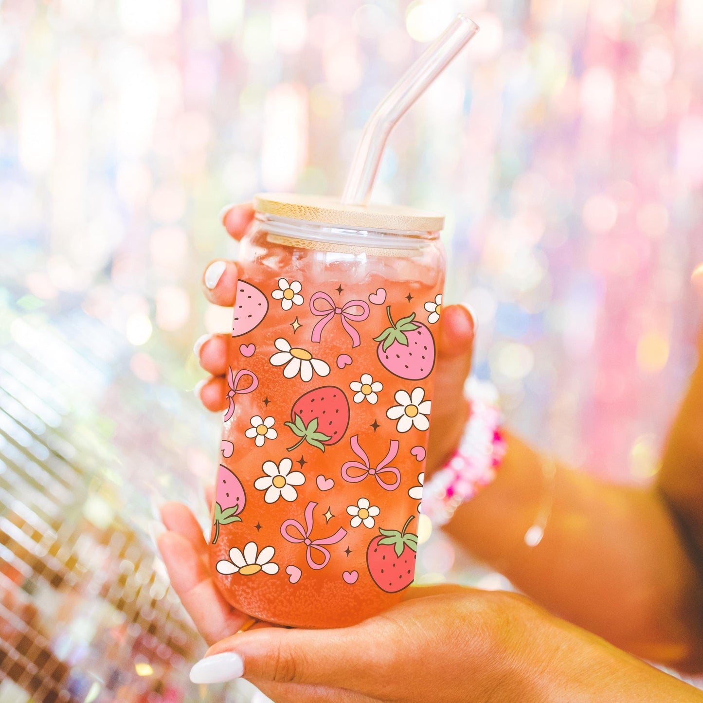 Coquette Bow Glass Cup with bamboo lid glass straw