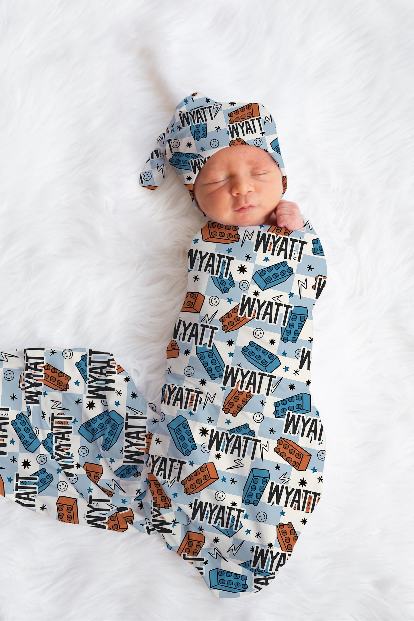 Personalized Baby Boy Swaddle Blanket Hat Set, blocks blocks swaddle, blue hospital reveal outfit baby boy baby shower gift receiving blanket