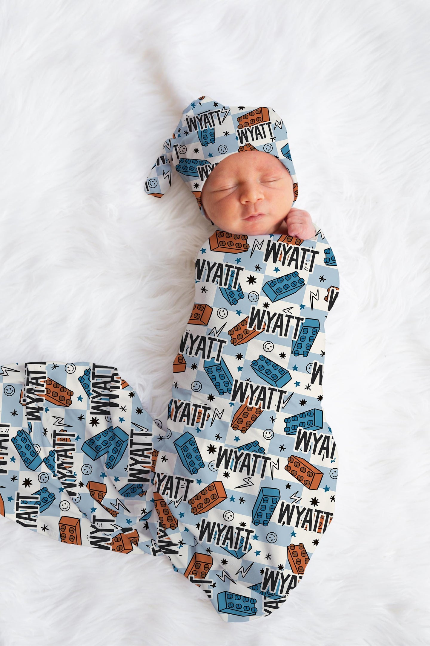 Personalized Baby Boy Swaddle Blanket Hat Set, blocks blocks swaddle, blue hospital reveal outfit baby boy baby shower gift receiving blanket
