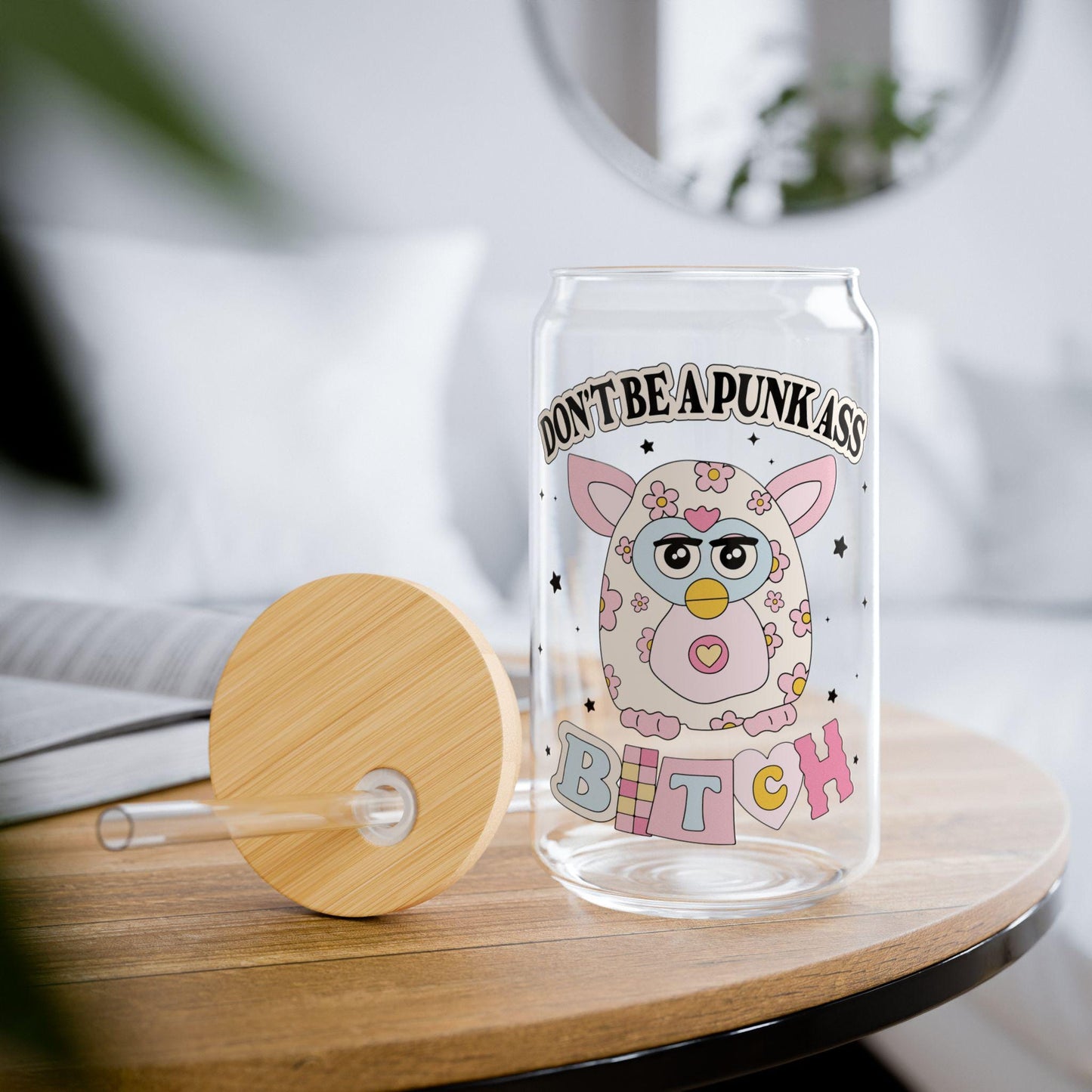 Nostalgic glass can, Preppy funny glass cup with bamboo lid glass straw, Cute Cup Beer Can Iced Coffee Glass Cup Cute gift for her