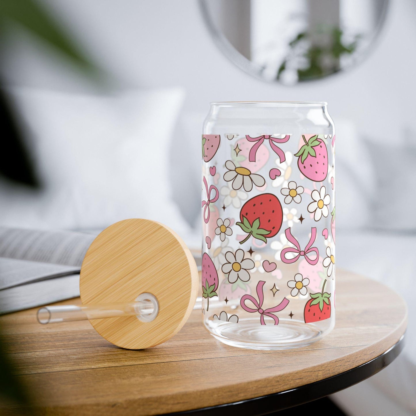 Coquette Bow Glass Cup with bamboo lid glass straw