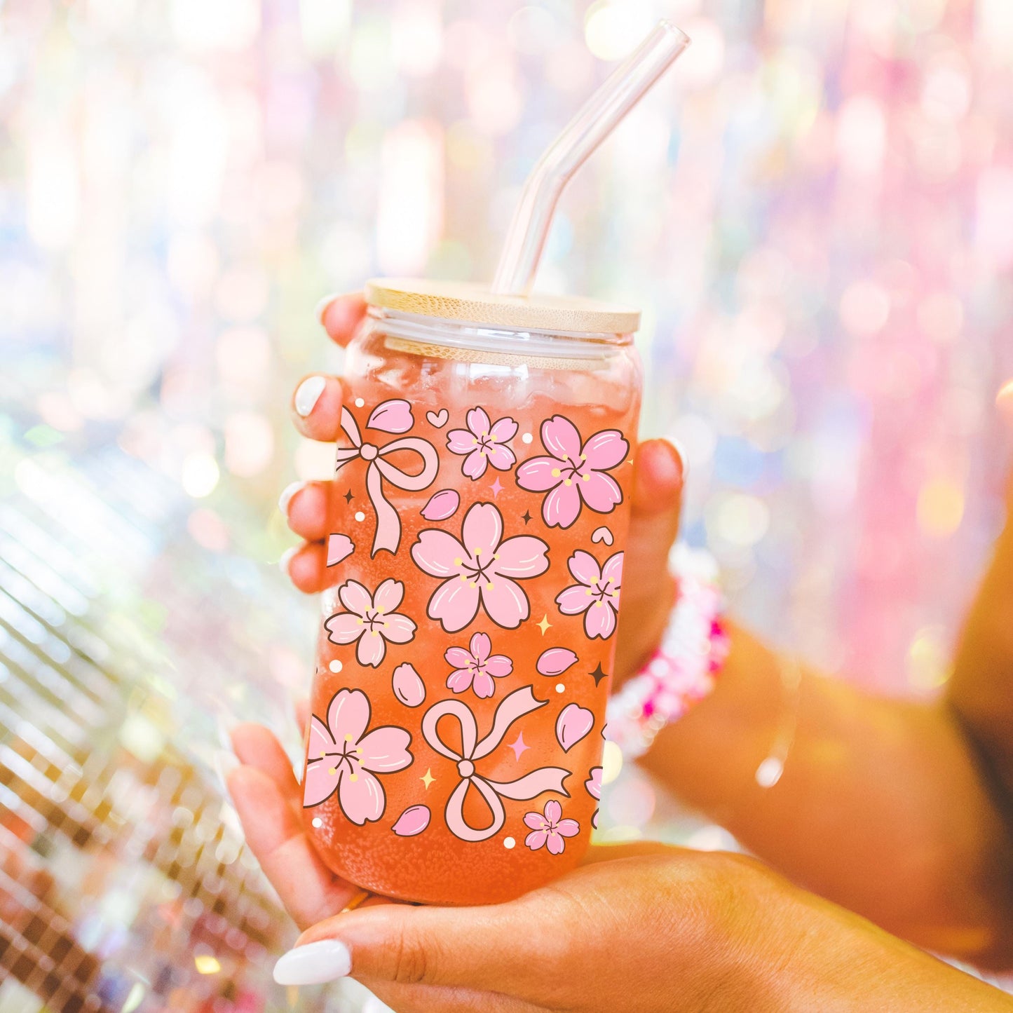 Coquette Bow Glass Cup with bamboo lid glass straw