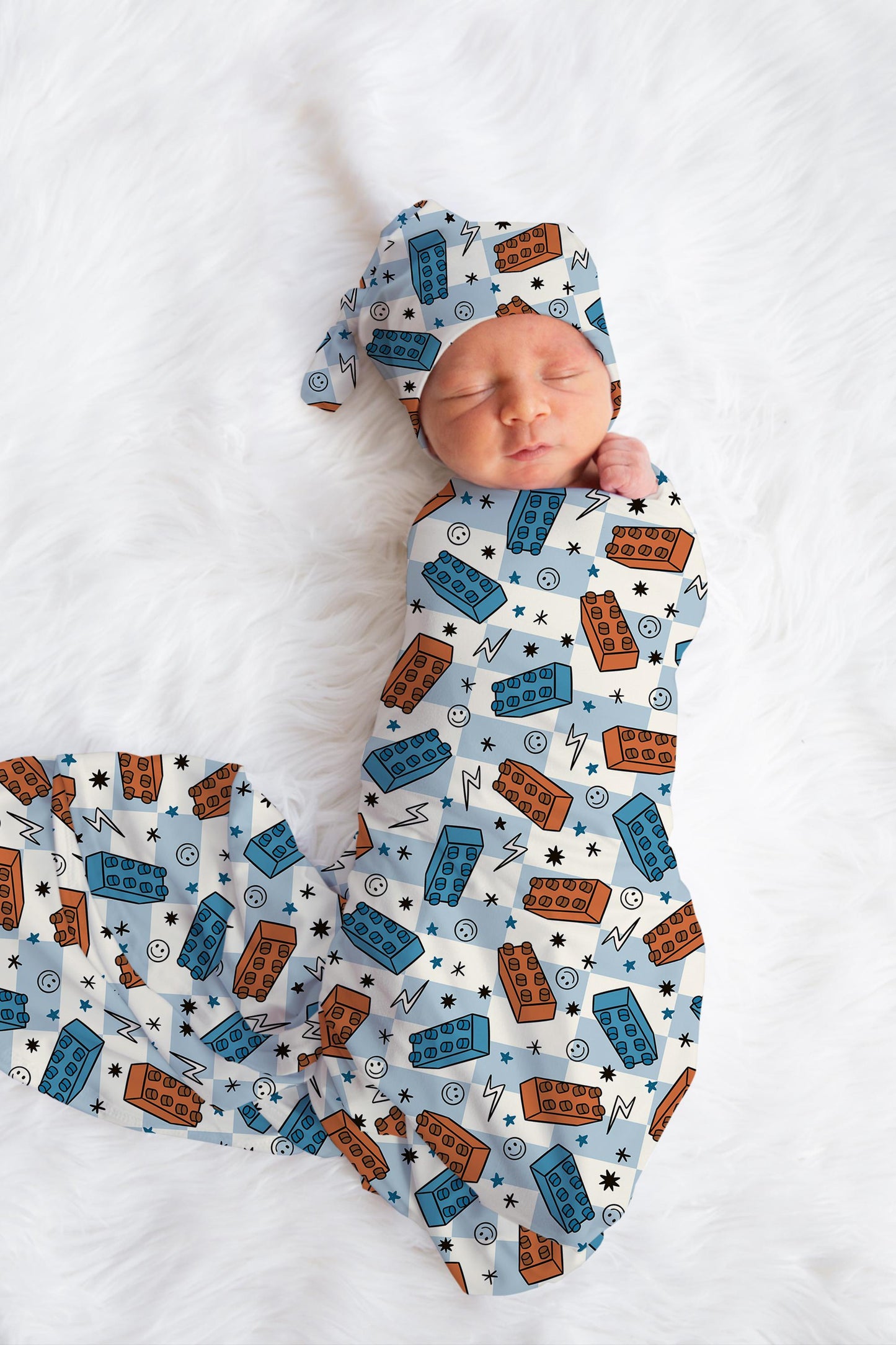 Personalized Baby Boy Swaddle Blanket Hat Set, blocks blocks swaddle, blue hospital reveal outfit baby boy baby shower gift receiving blanket