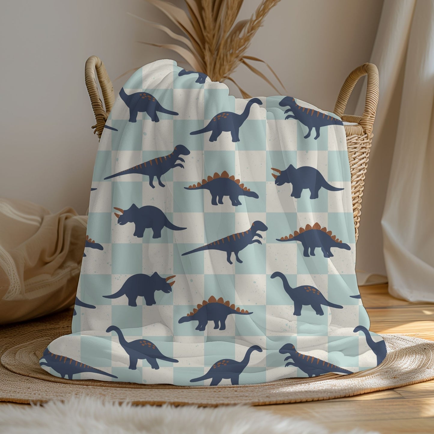 Personalized Boys Dinosaur Blanket Blue Checkered