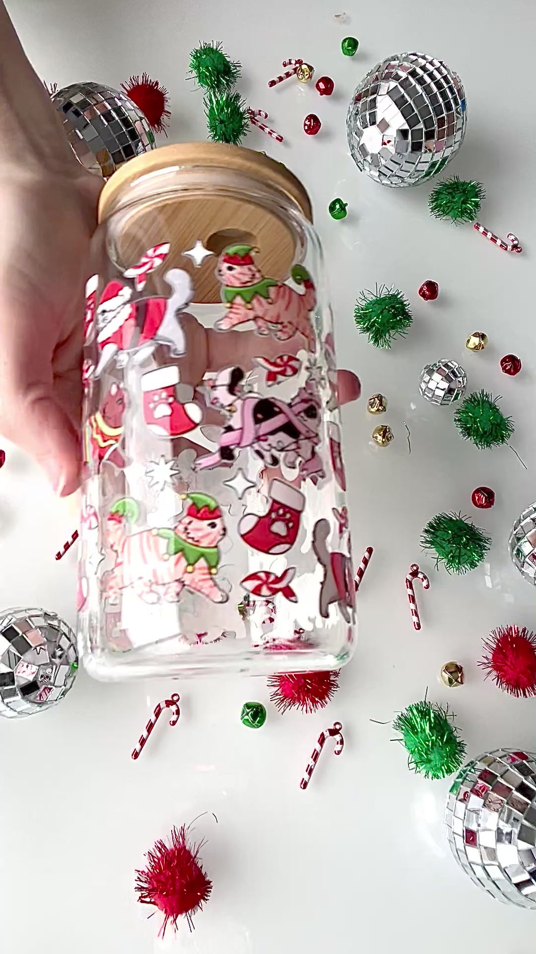 Christmas Cats Glass Can 16 oz