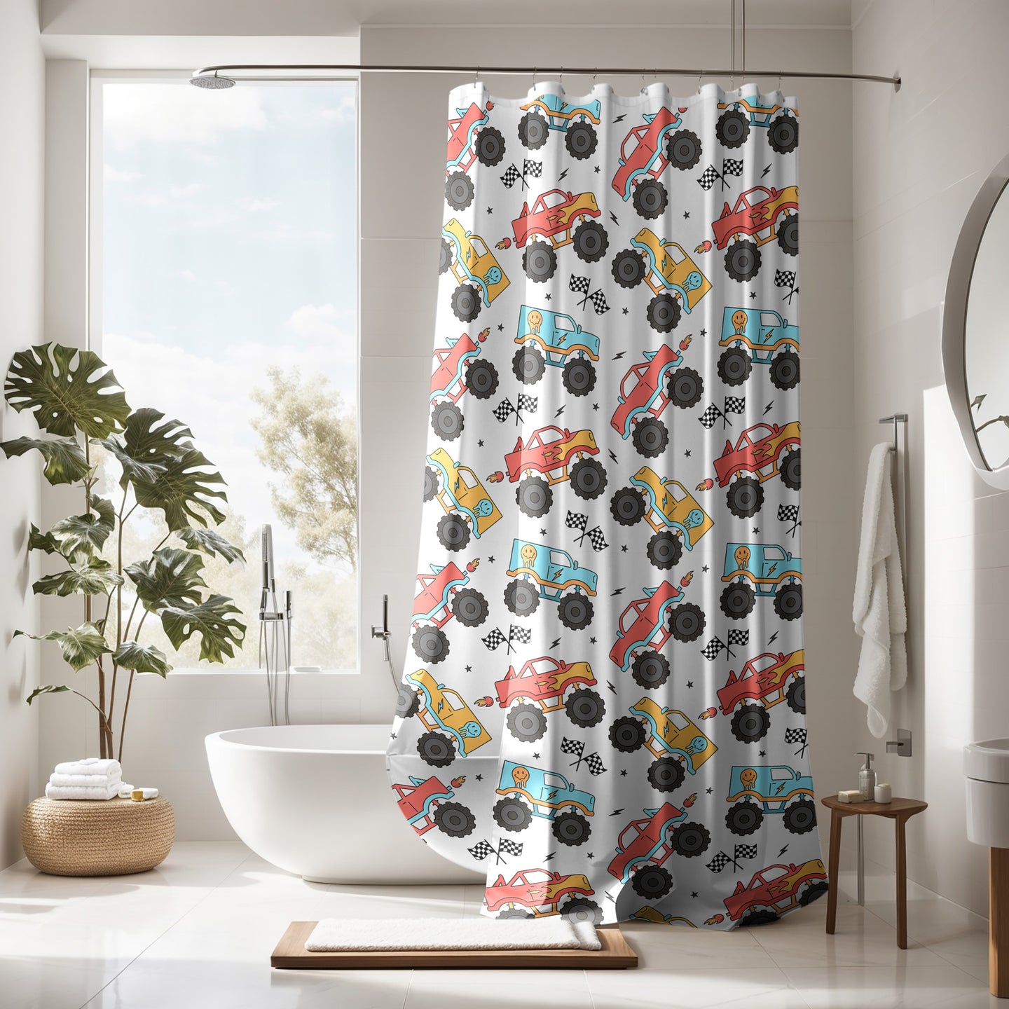 Boys Personalized Shower Curtain Monster Trucks